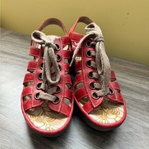 Fly London Ruby Ylva Lace-Up Slingback Red Leather Wedge Sandals. Size 40